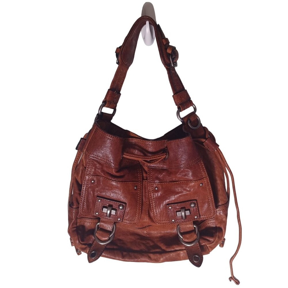 Juicy Couture Purse Brown Leather Shoulder Bag Pockets Boho Hippie